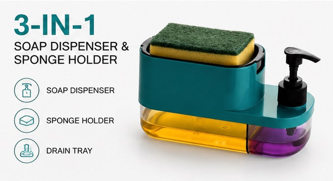 3-in-1 Soap Pump Dispenser with Sponge Holder | Kitchen Sink Organizer