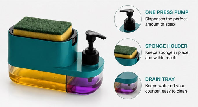 3-in-1 Soap Pump Dispenser with Sponge Holder | Kitchen Sink Organizer